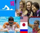 kadın Yüzme 200 metre kurbağalama podyum, Rebecca Soni (ABD), Satomi Suzuki (Japonya), Yuliya Efimova (Russia) - Londra 2012-